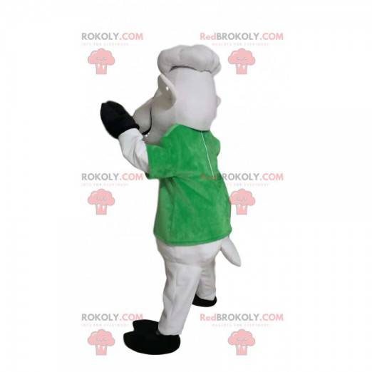 Mascote da ovelha branca com uma t-shirt verde. Fantasia de