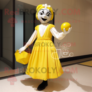 Lemon Yellow Mime mascot costume character dressed with a Ball Gown and Tote bags