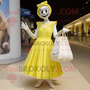 Lemon Yellow Mime mascot costume character dressed with a Ball Gown and Tote bags