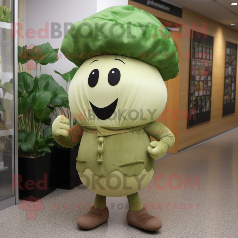 Olive Turnip mascot costume character dressed with a Leggings and Berets