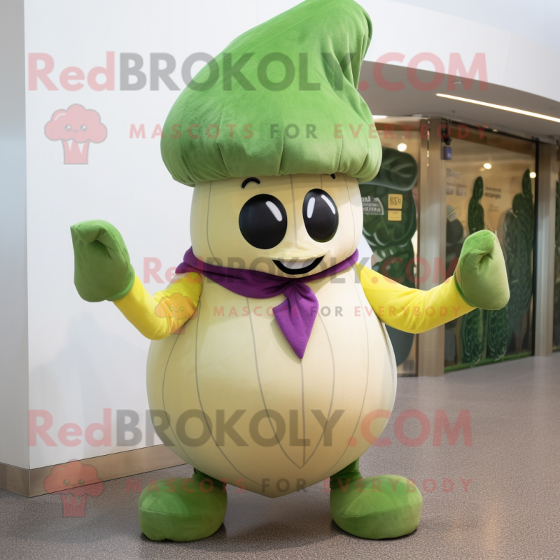 Olive Turnip mascot costume character dressed with a Leggings and Berets