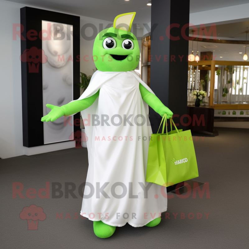 Lime Green Chocolate Bar mascot costume character dressed with a Wedding Dress and Tote bags