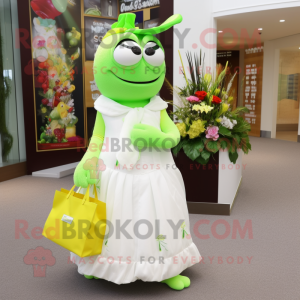 Lime Green Chocolate Bar mascot costume character dressed with a Wedding Dress and Tote bags