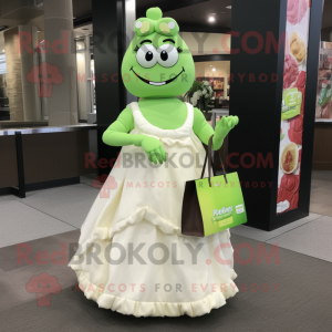 Lime Green Chocolate Bar mascot costume character dressed with a Wedding Dress and Tote bags