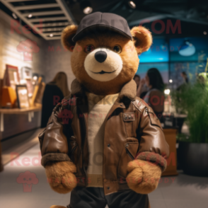 Tan Teddy Bear mascot costume character dressed with a Leather Jacket and Backpacks