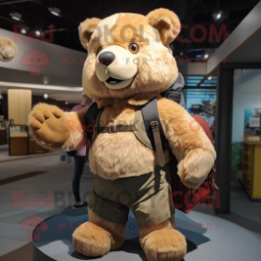 Tan Teddy Bear mascot costume character dressed with a Leather Jacket and Backpacks