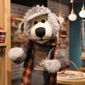 Silver Shepard'S Pie mascot costume character dressed with a Flannel Shirt and Beanies