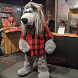 Silver Shepard'S Pie mascot costume character dressed with a Flannel Shirt and Beanies