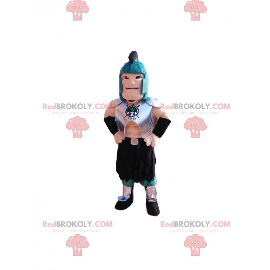 Mascote guerreiro romano com capacete e armadura azuis -