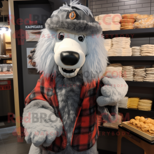 Silver Shepard'S Pie mascot costume character dressed with a Flannel Shirt and Beanies