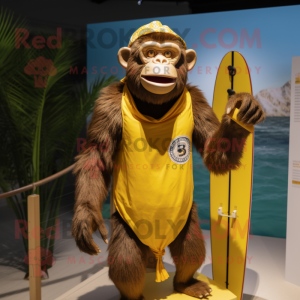 Gold Chimpanzee mascot costume character dressed with a Board Shorts and Brooches