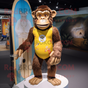 Gold Chimpanzee mascot costume character dressed with a Board Shorts and Brooches