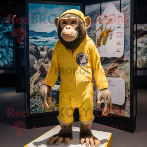 Gold Chimpanzee mascot costume character dressed with a Board Shorts and Brooches
