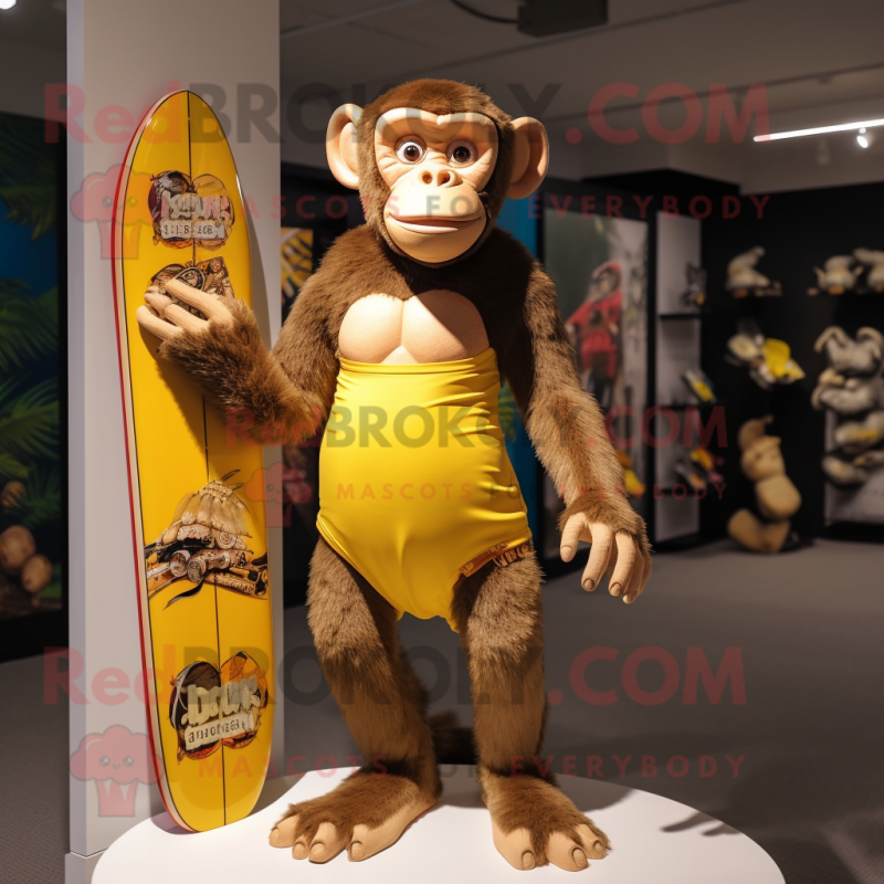 Gold Chimpanzee mascot costume character dressed with a Board Shorts and Brooches