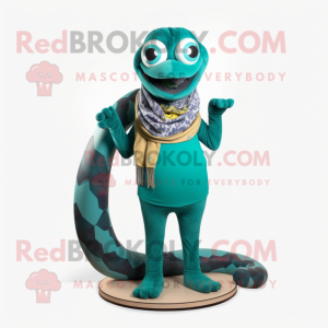 Teal Titanoboa mascot costume character dressed with a Capri Pants and Scarf clips