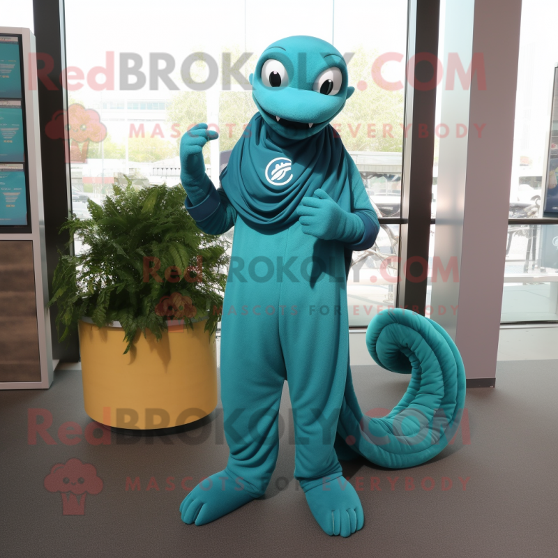 Teal Titanoboa mascot costume character dressed with a Capri Pants and Scarf clips