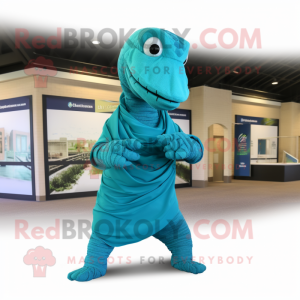 Teal Titanoboa mascot costume character dressed with a Capri Pants and Scarf clips