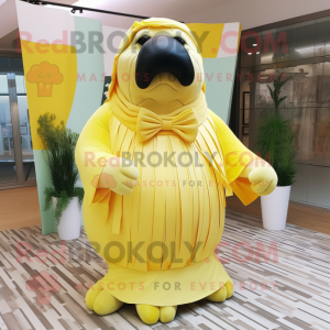 Lemon Yellow Walrus mascot costume character dressed with a Maxi Skirt and Bow ties