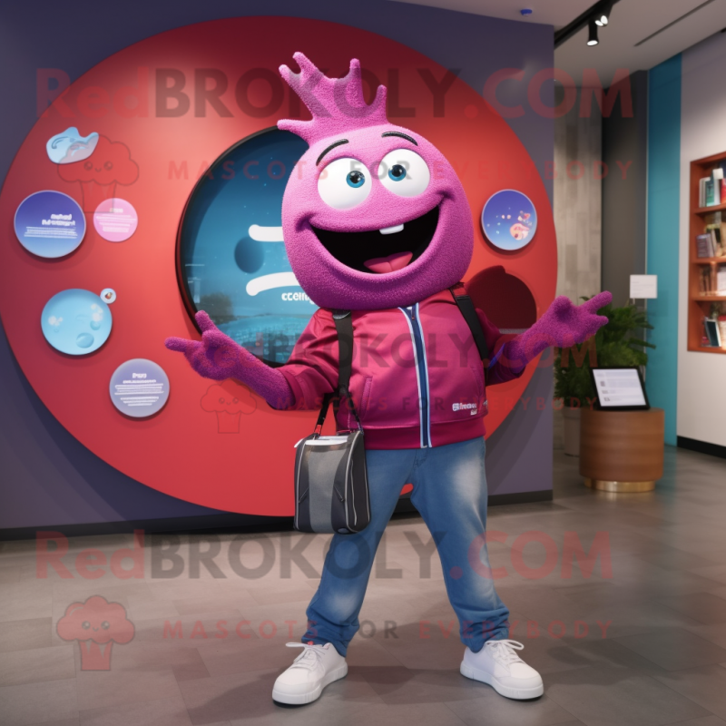 Magenta Plate Spinner mascot costume character dressed with a Boyfriend Jeans and Wallets Magenta Plate Spinner mascot costume character dressed with a Boyfriend Jeans and Wallets