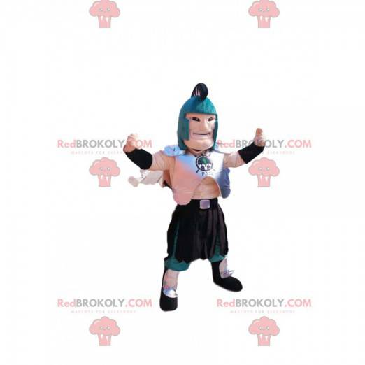 Mascote guerreiro romano com capacete e armadura azuis -