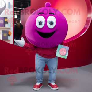 Magenta Plate Spinner mascot costume character dressed with a Boyfriend Jeans and Wallets