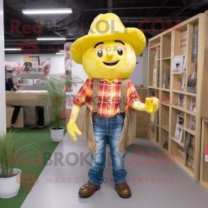 Lemon Yellow Cowboy mascot costume character dressed with a Flannel Shirt and Hairpins