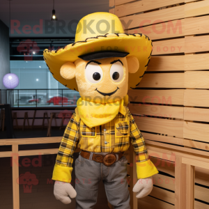 Lemon Yellow Cowboy mascot costume character dressed with a Flannel Shirt and Hairpins