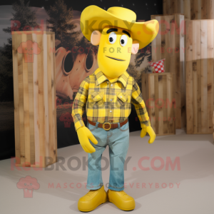 Lemon Yellow Cowboy mascot costume character dressed with a Flannel Shirt and Hairpins