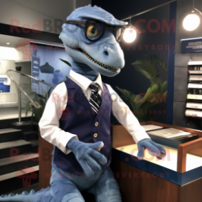 Navy Velociraptor mascot costume character dressed with a Waistcoat and Reading glasses