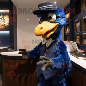 Navy Velociraptor mascot costume character dressed with a Waistcoat and Reading glasses