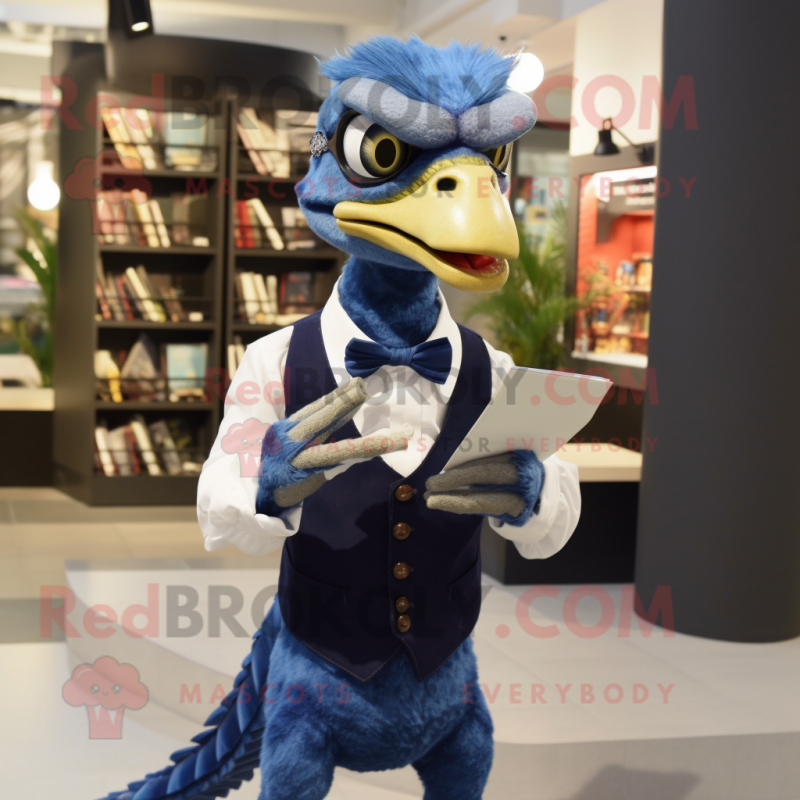 Navy Velociraptor mascot costume character dressed with a Waistcoat and Reading glasses