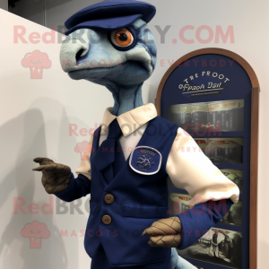Navy Velociraptor mascot costume character dressed with a Waistcoat and Reading glasses