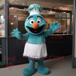 Teal Jambalaya mascot costume character dressed with a Culottes and Mittens