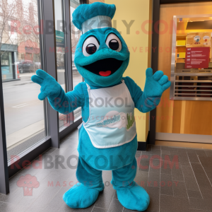 Teal Jambalaya mascot costume character dressed with a Culottes and Mittens