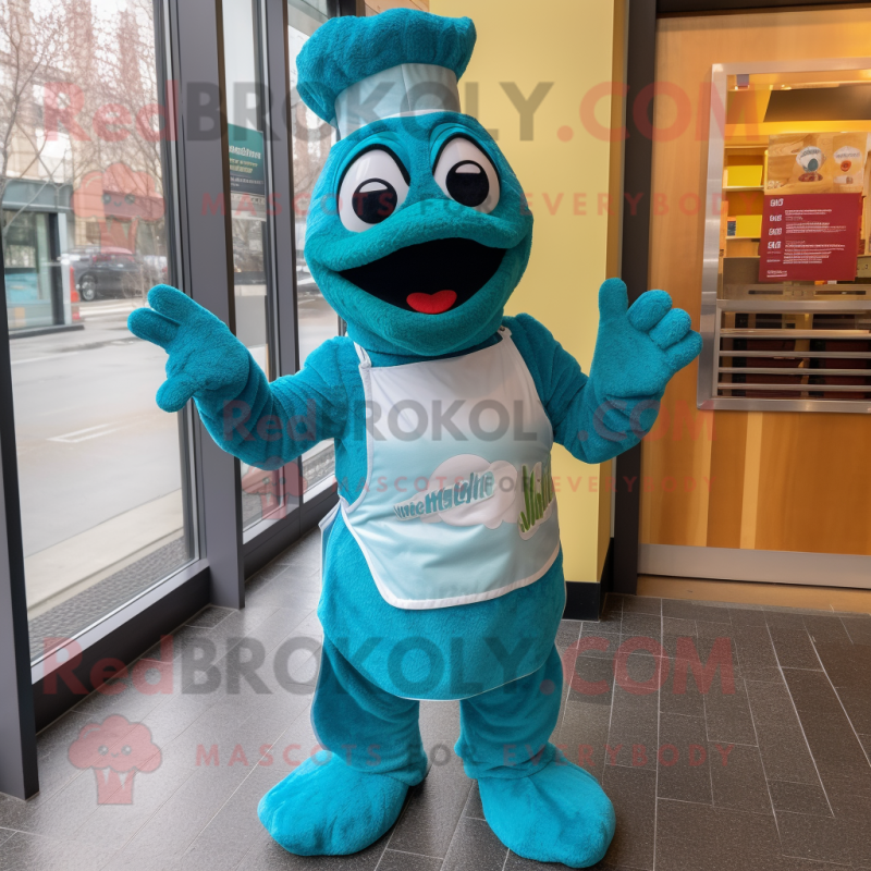 Teal Jambalaya mascot costume character dressed with a Culottes and Mittens Teal Jambalaya mascot costume character dressed with a Culottes and Mittens