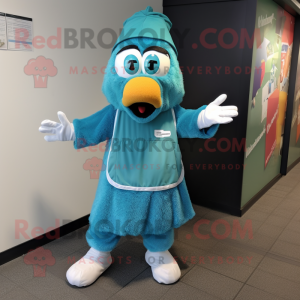 Teal Jambalaya mascot costume character dressed with a Culottes and Mittens