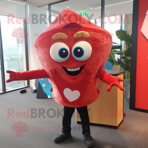 Red Pizza Slice mascot costume character dressed with a Trousers and Backpacks