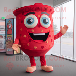 Red Pizza Slice mascot costume character dressed with a Trousers and Backpacks