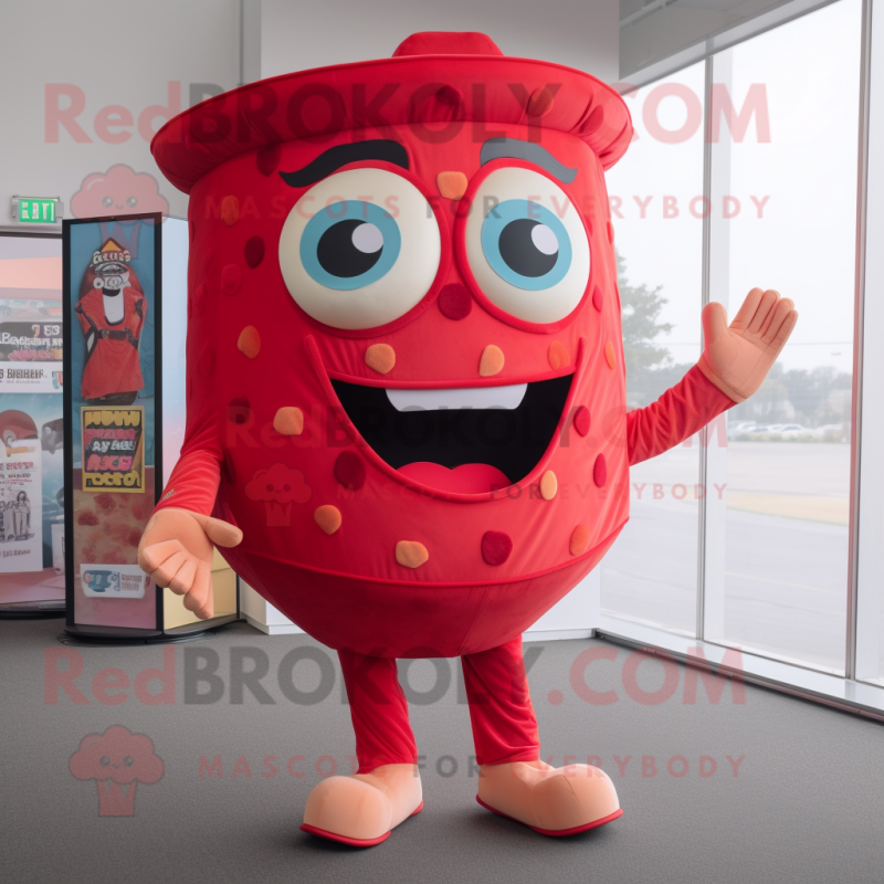 Red Pizza Slice mascot costume character dressed with a Trousers and Backpacks Red Pizza Slice mascot costume character dressed with a Trousers and Backpacks