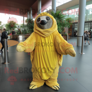 Yellow Giant Sloth mascot costume character dressed with a Wrap Dress and Scarf clips