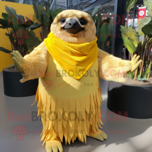 Yellow Giant Sloth mascot costume character dressed with a Wrap Dress and Scarf clips