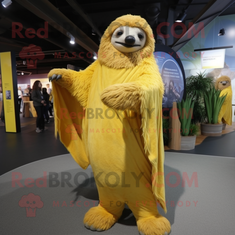 Yellow Giant Sloth mascot costume character dressed with a Wrap Dress and Scarf clips