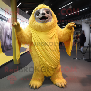 Yellow Giant Sloth mascot costume character dressed with a Wrap Dress and Scarf clips