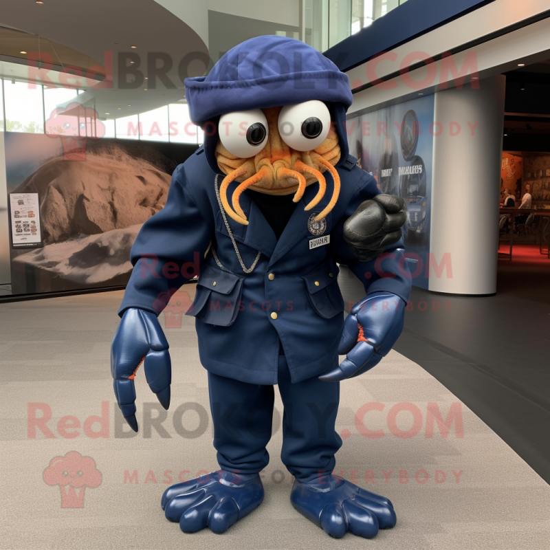 Navy Hermit Crab mascot costume character dressed with a Jumpsuit and Shoe laces Navy Hermit Crab mascot costume character dressed with a Jumpsuit and Shoe laces