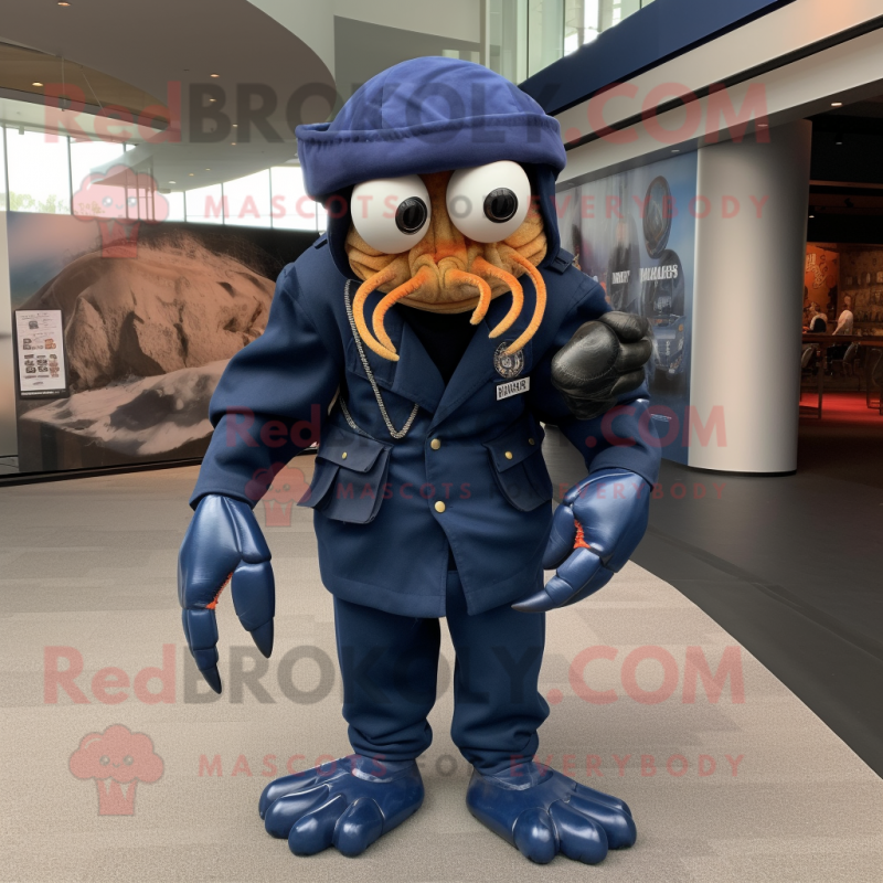 Navy Hermit Crab mascot costume character dressed with a Jumpsuit and Shoe laces