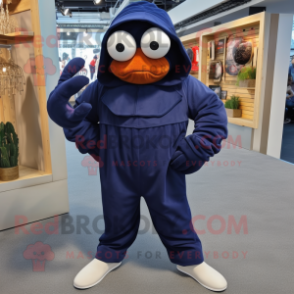Navy Hermit Crab mascot costume character dressed with a Jumpsuit and Shoe laces