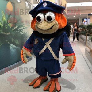 Navy Hermit Crab mascot costume character dressed with a Jumpsuit and Shoe laces