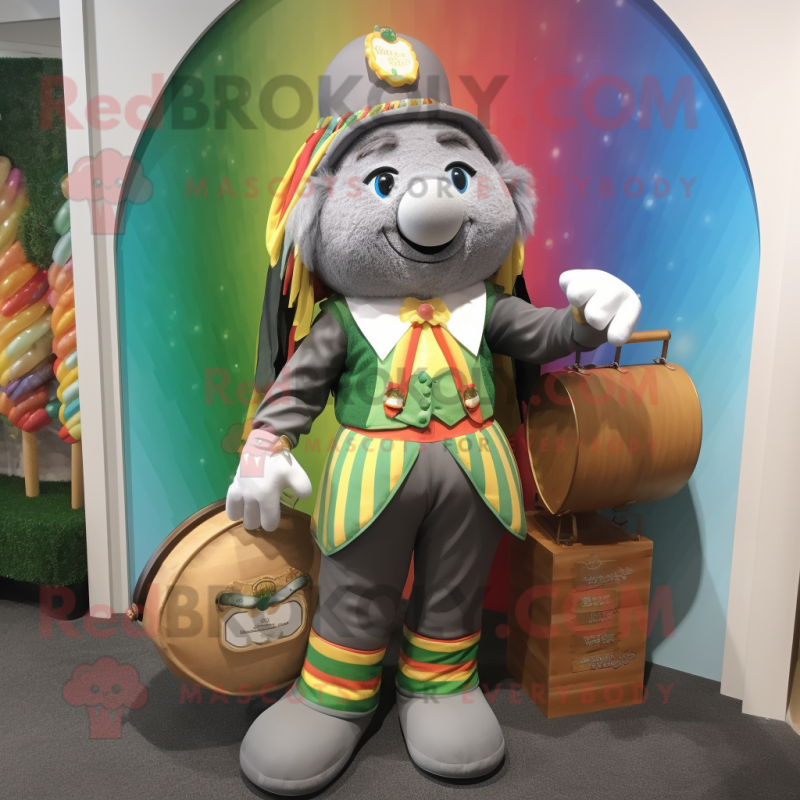Gray Pot Of Gold mascot costume character dressed with a Romper and Wallets Gray Pot Of Gold mascot costume character dressed with a Romper and Wallets