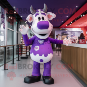 Purple Cow mascot costume character dressed with a Polo Shirt and Mittens