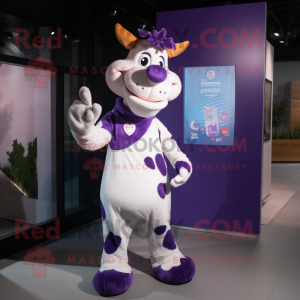 Purple Cow mascot costume character dressed with a Polo Shirt and Mittens